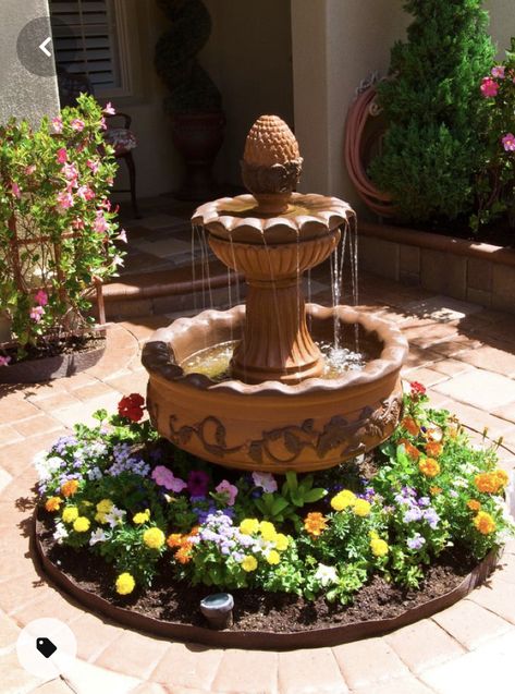 Fountains In Gardens, Garden Fountain Ideas, Flower Fountain, Fountain Decor, Yard Fountain, Landscaping With Fountains, Water Fountain Design, Fountain Ideas, Garden Pond Design