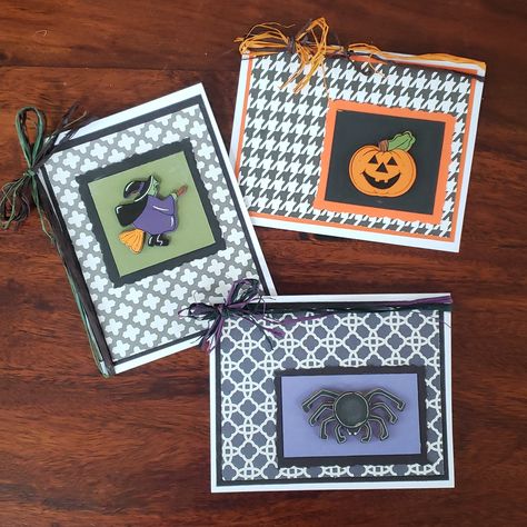 Set Of Three Fall Halloween Cards Handmade By Me! Fall Halloween Motif In Halloween Colored Card Stock And Coordinating/Contrasting Papers, Raffia And Bow, Painted Wood Pumpkin Witch And Spider Embellishments. Approximately 4.5" X 5.5" Blank Inside For Your Own Personal Sentiment. Each Card Comes Individually Packaged With Its Own Envelope. Mix And Match Any Of My Handcrafted Cards To Create Your Own Custom Occasion Bundle! $15 For Any 3 Cards $25 For Any 6 Cards When Selecting Cards For A Build Simple Halloween Cards Handmade, Halloween Birthday Cards Handmade, Halloween Cards Stampin Up Ideas, Autumn Cards Handmade, Handmade Fall Cards, Easy Halloween Cards, Halloween Cards Handmade Ideas, Homemade Halloween Cards, Stampin Up Halloween Cards