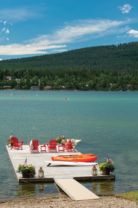 Lake Dock Decorating Ideas, Dock Ideas Lakeside, Dock Furniture, Lake Deck, Vintage Log Cabin, Lake Property, Cottage Outdoor, Lake Design, Montana Mountains