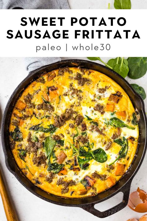 Sweet Potatoes Breakfast, Breakfast Skillet Healthy, Frittata Recipes Baked, Oven Baked Frittata, Paleo Frittata, Paleo Breakfast Sausage, Sweet Potato Sausage, Fritata Recipe, Potatoes Breakfast