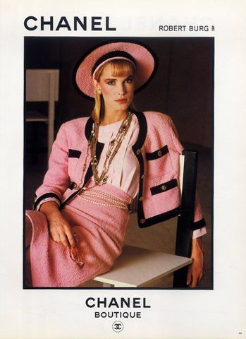 Chanel (Boutique) 1983 Tailor, Necklace, Belt in Pearls 80s pink black trim suit wool winter hat model Chanel Ad, Chanel Suit, Chanel Boutique, Chanel Outfit, Mode Chanel, Chanel Jacket, Chanel Couture, Pink Suit, Retro Mode