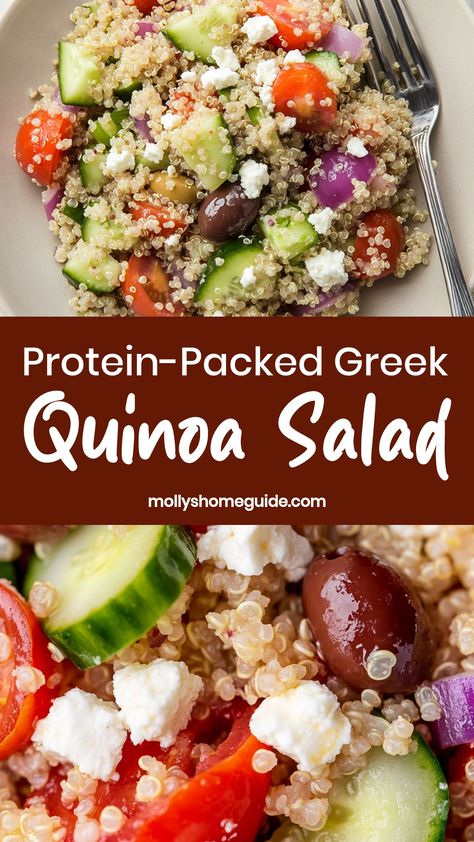 Indulge in the vibrant flavors of a refreshing Greek Quinoa Salad. Packed with nutritious ingredients like quinoa, tomatoes, cucumbers, olives, feta cheese, and a zesty lemon herb dressing, this salad is a perfect blend of fresh and savory. Whether you're looking for a wholesome lunch option or a satisfying side dish for dinner, this Greek-inspired salad is sure to delight your taste buds. Healthy Lunch Quinoa, Clean Quinoa Recipes, Greek Salad Quinoa, Quinoa Lettuce Salad, Quinoa Artichoke Salad, Spinach And Quinoa Salad, Things To Make With Quinoa, Fresh Quinoa Salad, Quinoa Salad With Chickpeas