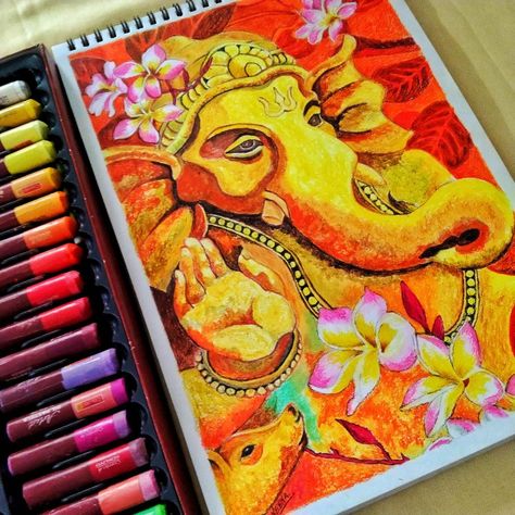 Ganpati Bappa Oil Pastel Drawing, Oil Pastel Painting, Lord Ganesha Oil Pastel Artwork Ganesha Oil Pastel, Ganesh Drawing, Ganpati Drawing, Ganesh Chaturthi Special, Using Oil Pastels, Ganpati Bappa Morya, Ganpati Ji, Bappa Morya, Oil Pastel Drawings