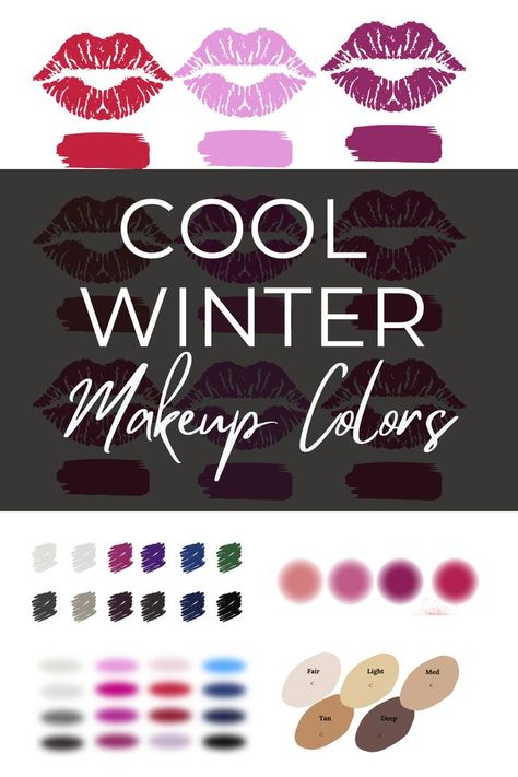 This full guide to cool winter makeup colors is spot on! Make Up For Cool Winter, Clear Winter Makeup Palette, Makeup For Winter Palette, Clear Winter Color Palette Makeup, Winter Pallete Makeup, Makeup For True Winter, Cool Winter Makeup Palette, Cool Winter Lipstick Colors, Light Winter Makeup