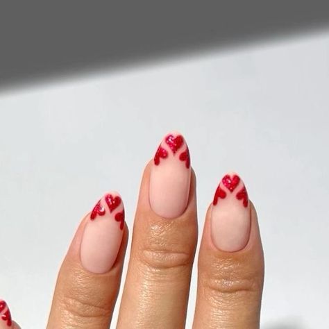 French Tip With Little Design, Nails French With Design, Hearts French Tip Nails, Valentine Nails French, French Tip Nails Valentines Day, Heart Tipped Nails, French Valentine Nails, Valentine’s Day Nails Almond, Valentine’s Nails