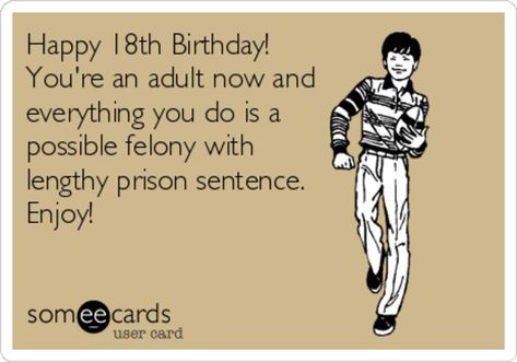 Happy 18th Birthday, whatever you do can be a felony now | Happy Birthday Memes | Know Your Meme Happy 18th Birthday Meme Funny, 18th Birthday Card Ideas Funny, 18th Birthday Memes Funny, 18th Birthday Wishes Funny, Happy 18th Birthday Funny, Funny 18th Birthday Cards, Bday Humor, 18th Birthday Message, 18th Birthday Card Ideas