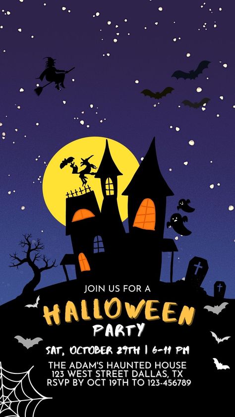 Looking for a spooky and creative way to invite your friends to your Halloween party? Look no further than our editable Halloween party invitation template with a haunted house illustration and a full moon in the background! This invitation is perfect for those who love the haunting and eerie atmosphere of Halloween. This invitation is perfect for anyone who wants to throw a Halloween party that is both fun and spooky. All text is editable. Print & Phone sizes are included. Haunted House Illustration, Costume Party Invite, Halloween Invitation Template, Haunted House Halloween, Halloween Invitation, Halloween Party Invitation, A Haunted House, The Haunting, House Illustration