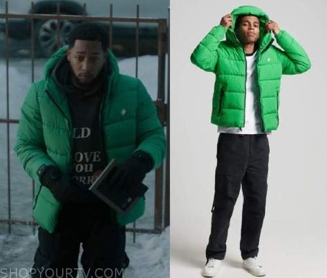 The Chi: Season 5 Episode 1 Green Puffer Jacket Green Puffer Outfit, Puffer Outfit Men, Green Jacket Outfit Men, Green Jacket Outfit, Puffer Outfit, Green Puffer Jacket, The Chi, Green Puffer, Where To Buy Clothes