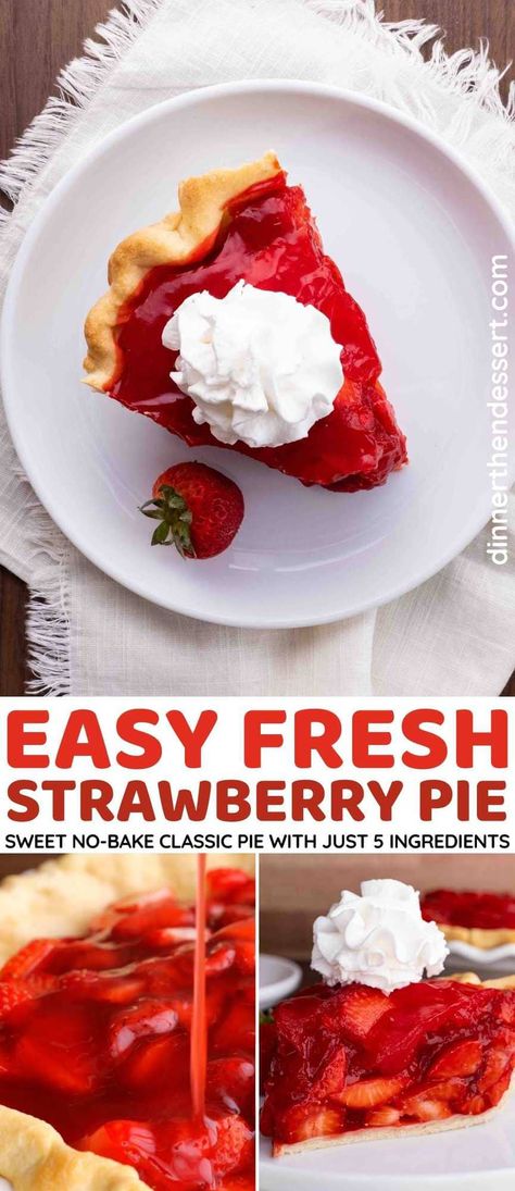 This Fresh Strawberry Pie recipe with no jello is an easy no-bake berry pie made with only 5 ingredients. Thick, sweet strawberry filling in a flaky crust! Fresh Berry Pie, Fresh Strawberry Pie Recipe, Berry Pie Filling, Strawberry Pie Recipe, Store Bought Pie Crust, Homemade Pie Crust Recipe, Fresh Strawberry Pie, Strawberry Pie Filling, Baked Pie Crust