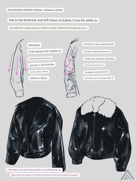 Leather Jacket Coloring Tutorial, Drawing Leather Texture, Coloring Leather Digital Art, Leather Rendering Tutorial, Leather Jacket Drawing Tutorial, How To Draw Puffer Jacket, How To Paint Leather Jacket, Leather Drawing Reference, Leather Jacket Drawing Reference