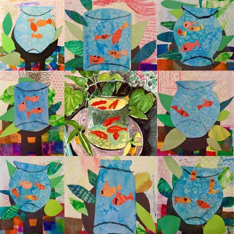 Kindergarten Art Show Projects, Kindergarten Animal Art Projects, Goldfish Matisse, Fish Art Projects For Kids, Matisse Art Project, Matisse Goldfish, Kindergarten Art Activities, Elementary Art Classroom, Goldfish Art