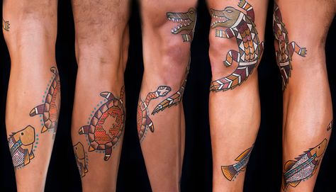 Kurt’s turtle, barramundi, and crocodile tattoo inspired by traditional art of the Mara tribe, East Arnhem Land. Cross-hatching (turtle and ... Aboriginal Snake Tattoo, Barramundi Tattoo, Aboriginal Tattoo Designs, Indigenous Tattoo Ideas, Indigenous Tattoo, Aboriginal Tattoo, Crocodile Tattoo, Aboriginal Dreamtime, Australia Tattoo