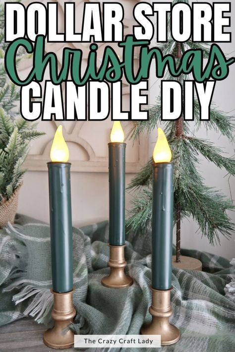 Candlestick Makeover, Dollar Store Candlesticks, Dollar Store Candles, Green Spray Paint, Diy Candle Sticks, Christmas Candles Diy, Painted Candlesticks, Dollar Store Christmas Crafts, Metallic Christmas