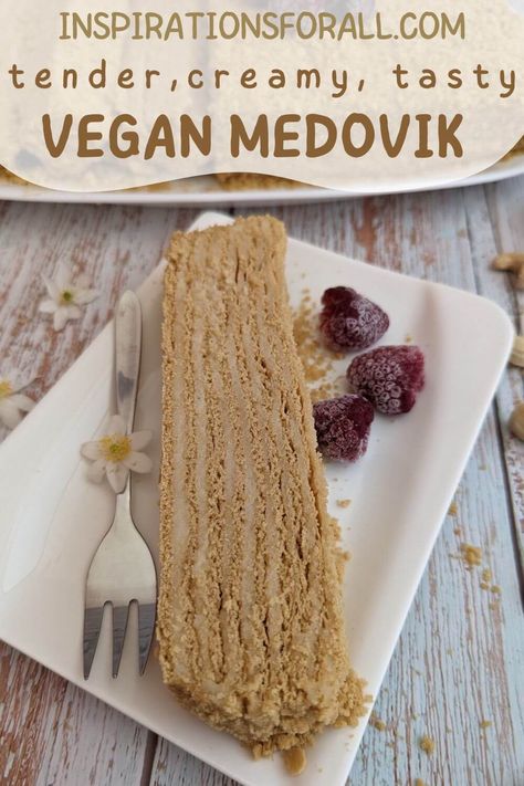 Vegan Honey Cake, Vegan Cherry Cake, Vegan Honey Recipe, Medovik Cake, Russian Vibes, Russian Cake, Russian Honey Cake, Vegan Pastry, Vegan Gluten Free Desserts