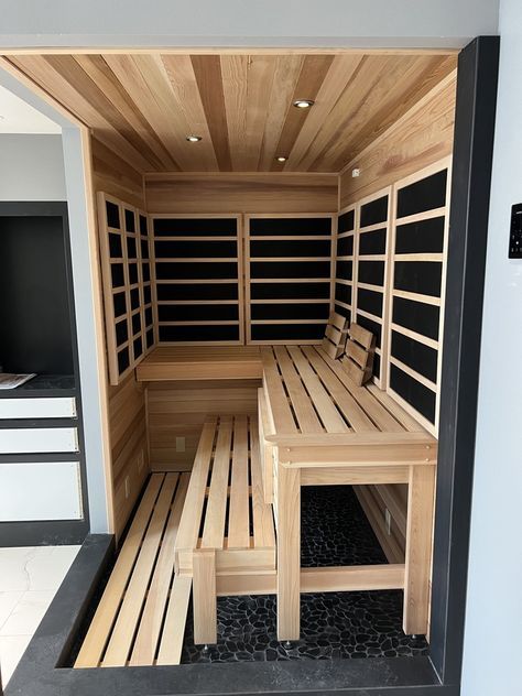 We built this custom infrared cedar into one of our clients master bathroom spaces. The sauna was constructed using Clear Western Red Cedar, with interior ceiling lighting and smart sauna controls that allow the owner to control their sauna using the app. 

Photos were taken before the installation of an all glass front. Infrared Sauna Room, Luxury Home Spa, Bathroom Sauna, App Photos, Electric Sauna Heater, Sauna Kits, Sauna Heaters, Sauna Benefits, Interior Ceiling