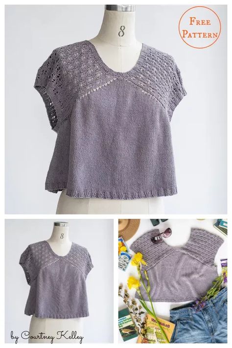 Summer Sweater Free Knitting Pattern Knitted Tshirt Pattern, Knit Outfit Summer, Knit Top Pattern Free, Sweater Free Knitting Pattern, Winter Knitting Patterns, Fall Knitting Patterns, Summer Knits, Summer Knitting Patterns, Knit Top Patterns