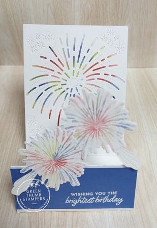 Final Light the Sky card is an easel card. | greenthumbstampers Cheerful Daisies, The Big One, Lay On, Easel Cards, Embossed Cards, Be Creative, Stampin Up Cards, Green Thumb, Fourth Of July