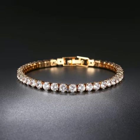 Ladies Shiny Gold Round Clear Cubic Zirconia Tennis Bracelet New, Shiny Gold Plate, Sparkly Stones, A Great Wardrobe Staple, Classy Elegant And Simplistic, Measurement Info In Photos, Brand New. 6258 Jewelry Chain Types, Look Hip Hop, Gold Bracelet Wedding, Streetwear Jewelry, Bracelet Couple, Bracelet Tennis, Bracelet Diamond, Crystal Chain, Tennis Bracelet Diamond