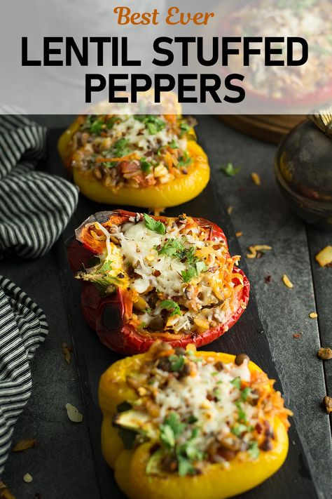 Stuffed Bell Peppers Lentils, Lentil And Vegetable Recipes, Plant Based Stuffed Peppers, Quinoa Stuffed Peppers Vegetarian, Stuffed Peppers With Lentils, Lentil Stuffed Bell Peppers, Lentil Meal Ideas, Lentil Vegetarian Recipes, Leftover Lentil Recipes