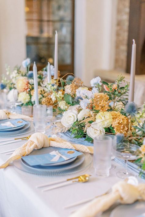 Baby Blue And Yellow Wedding, Light Yellow Weddings, Romantic Rainy Day, Tuscan Inspired Wedding, Bella Collina Wedding, Florida Destination Wedding, Floral Wedding Gown, Wedding Color Pallet, Chelsea Wedding