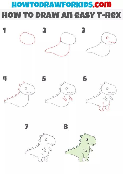 How to Draw an Easy T-Rex - Easy Drawing Tutorial For Kids Cute T Rex Drawing, How To Draw A Dinosaur, Easy Dinosaur Drawing, T Rex Cartoon, Doodling Tutorial, Dino Drawing, Cute T Rex, Sketching Tips, Dinosaur Drawing