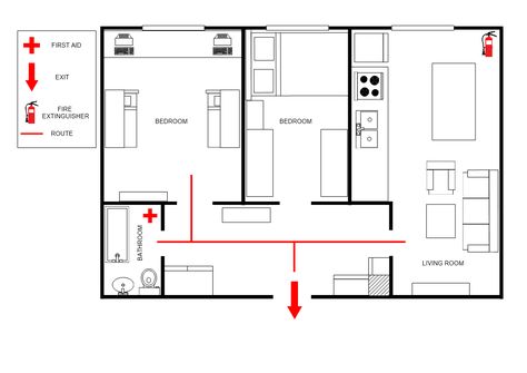 This is an Apartment Evacuation Plan template which is designed in the event of an emergency the habitants of the home unit to be educated on the evacuation plan, where to find first aid, fire extinguisher, and the safest route to the exits. The template is a 100% customizable and you can edit every aspect of it with a few simple clicks in MyDraw. House Floor Plan With Emergency Exit, Fire Escape Plan Template, Fire Emergency Evacuation Plan, Evacuation Plan House, Fire Exit Plan, Home Evacuation Plan, Emergency Escape Plan, Fire Evacuation Plan, Emergency Evacuation Plan