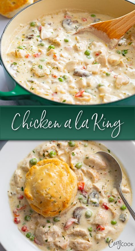 chicken a la king with chicken in a mushroom cream sauce with pimentos and peas. Topped with a biscuit Instant Pot Chicken Ala King Recipes, Chicken Ala King Recipes, February Meals, Chicken A La King Recipes, Ala King, Continental Cuisine, Chicken A La King, Cozy Cook, Soy Curls