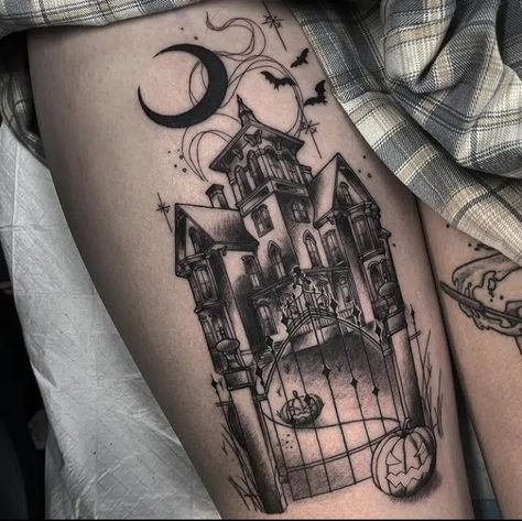 Inspired Tattoos For Women, Halloween Inspired Tattoos, Halloween Tattoos Ideas, Haunted House Tattoo, Skeleton Key Tattoo, Halloween Tattoos Sleeve, Personal Tattoos, House Tattoo, Couples Tattoos