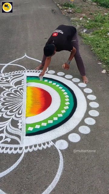 Big Rangoli Design For Diwali, Road Rangoli Designs, Rangoli On Road, Rangoli Designs Modern, Rangoli Designs Big, Modern Rangoli, Rangoli Side Designs, Big Rangoli, Diwali Decorations At Home