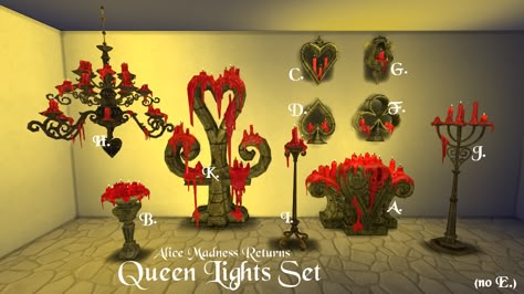 Mod The Sims - Queen Lights Set | Alice Madness Returns Conversion Sims 4 Alice Madness Returns, Alice Madness Returns Sims 4 Cc, Sims 4 Cc Alice Madness Returns, Sims 4 Vampire Decor, Sims 4 Alice In Wonderland Cc, Sims4 Challenge, Mcgees Alice, Alt Sims, Vampire Decor