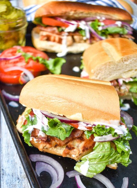 Hot Sandwiches For Lunch, Breakfast Hoagie Sandwich, Chicken Bacon Ranch Sub Sandwiches, Chicken Bacon Ranch Subs Recipe, Chicken Bacon Hot Honey Ranch Sub, Chicken Bacon Ranch Hoagies, Blt Chicken Sandwich, Grilled Chicken Bacon Ranch Sandwich, Men’s Lunchbox Ideas