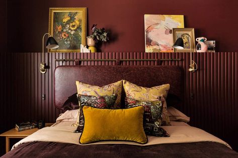 Burgundy Room, Burgundy Bedroom, Brown Rooms, Brooklyn Apartment, Wood Interior Design, Bedroom Orange, Bedroom Remodel, Bedroom Red, Primary Bedroom