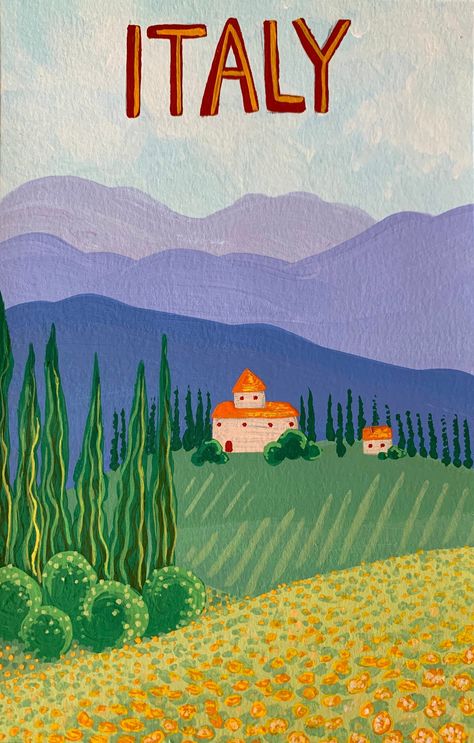 "SIZE: 7\"x 10\" Hand-painted travel poster celebrating, Italy. This is hand-painted with love on high-quality watercolor paper with gouache. Ready to frame and hang! All items in my shop over $35 have free shipping! All of my paintings are shipped with care in an un-bendable photography envelope." Italy Canvas Painting Easy, Italian Paintings Easy, Easy Vintage Paintings, Italy Aesthetic Drawing, Travel Painting Ideas, Italy Drawing Easy, Italy Painting Easy, Italy Art Painting, Italy Illustration Art