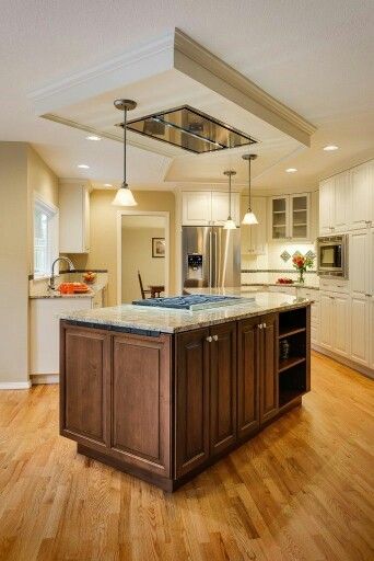 Ceiling mount hood with false ceiling Kitchen Island Vent, Hood Fans, Kitchen Island Range Hood, Kitchen Island Range, Island With Stove, Kitchen Island With Stove, Small Kitchen Island Ideas, Kitchen Vent Hood, Island Hood