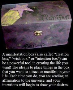 Manifestation box.  I know people that use this TOOL for manifesting and it helps toward achievement. Wish Box, Wiccan Spell Book, Spiritual Manifestation, Spells Witchcraft, Tarot Readers, Psychic Readings, Spiritual Healing, Spell Book, Book Of Shadows