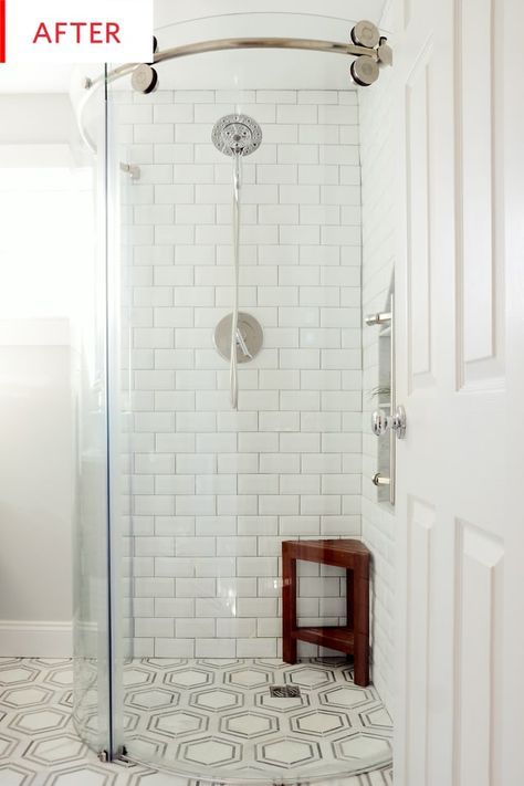 Space Saving Shower Ideas, Neo Angle Shower Ideas Master Bathrooms, Triangle Shower Bathroom, Neo Angle Shower Small Bathroom, Single Shower Stall Ideas, Corner Shower Ideas For Small Bathrooms, Small Bathroom Floor Tile Ideas, Hexagon Bathroom Floor Tile, Adu Bathroom