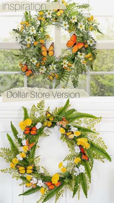 Butterfly Wreath Ideas, Wreath With Butterflies, Butterfly Wreath Diy How To Make, Monarch Butterfly Wreath, Fairy Wreath Ideas, Monarch Butterfly Party, Butterfly Wreath Diy, Butterfly Wreaths, Flower Wreath Diy