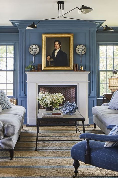 Benjamin Moore's Philipsburg Blue White Stone Fireplaces, Traditional Home Design, New England Colonial, Oval Room Blue, Blue Bedrooms, Favorite Paint Colors, Benjamin Moore Colors, Room Paint Colors, Favorite Paint