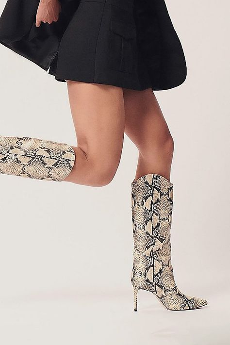 The Maryana Snakeskin Boot will be your go-to day to night shoe all season long. Crafted from snake-embossed leather, this high-heeled boot features a stiletto heel and pointed toe. Let this pair elevate basically everything you own with an effortlessly cool, put-together vibe. Content + Care Snakeskin Upper, Leather Lining, Leather Outsole Spot Clean Imported Size + Fit Heel Height: 3.5" | Schutz Maryana Snakeskin Knee-High Boot in Natural, Women's at Urban Outfitters Snake Boot Outfit, Snake Print Boots Outfit, Snakeprint Boots Outfit, Skin Photoshoot, Safari Fashion, Snake Boots, Pink Nike Shoes, Snake Print Boots, Fall Winter Shoes