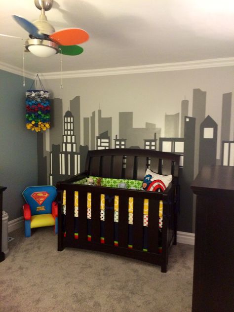 Superhero nursery with city scape mural Batman Themed Bedroom, Batman Nursery, Superhero Boys Room, Marvel Nursery, Superhero Nursery, Boy Nursery Themes, Baby Superhero, Baby Boy Nursery Themes