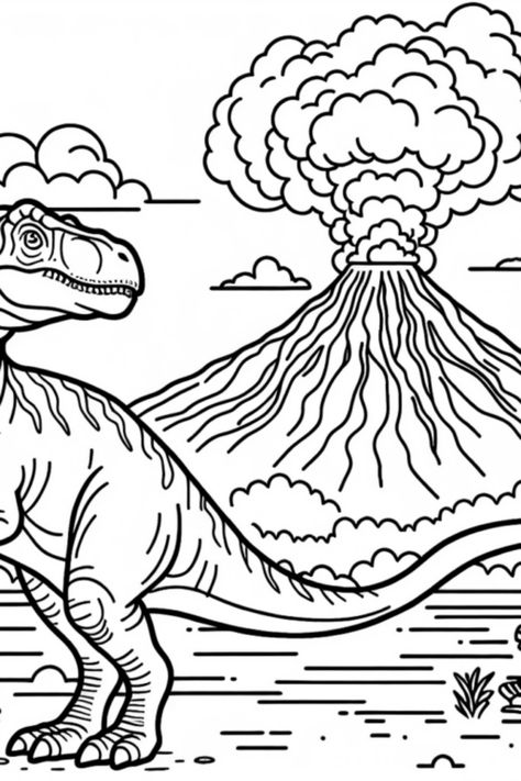 Get ready for a prehistoric adventure with this fantastic coloring page featuring an awesome dinosaur near a roaring volcano! Let your creativity soar as you bring the vibrant smoke, clouds, and lush plants to life. The stunning backdrop with hills adds to the excitement of your coloring session. Perfect for kids who love dinosaurs and volcanoes, this free coloring page will provide hours of fun and artistic expression Volcano Coloring Page, Coloring Pages Dinosaur, Forest Coloring Pages, Forest Coloring, Erupting Volcano, Enchanted Forest Coloring, Lush Plants, Dinosaur Printables, Clouds In The Sky