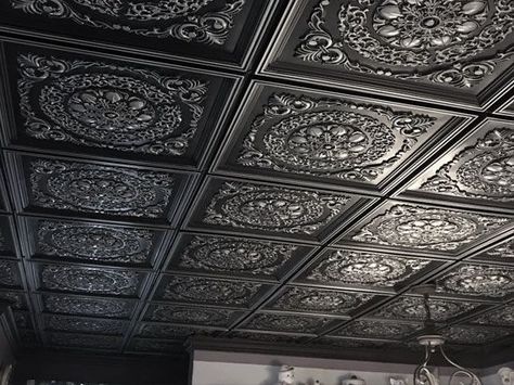 Brass Ceiling Tiles, Black Ceiling Tiles Commercial, Tin Panel Wall, Victorian Ceiling Tiles, Victorian Tin Ceiling, Tim Ceiling Tiles, Speakeasy Ceiling Ideas, Plastic Ceiling Design, Black Tile Ceiling