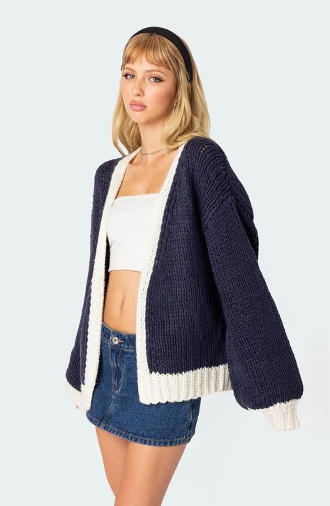 EDIKTED Colorblock Chunky Knit Cardigan | Nordstrom Knit Cardigan Outfit, Visionary Fashion, Cardigan Oversized, Navy Cardigan, Chunky Cardigan, Chunky Knit Cardigan, Cardigan Outfits, Blue Cardigan, Oversized Cardigan