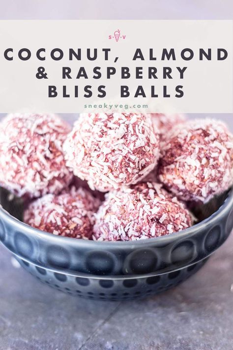 These beautifully pink raspberry bliss balls are really easy to make needing just five ingredients - raspberries, coconut, almonds, dates and oats. My kids love them and feel like they're getting a real treat. I'm happy too because I know they're full of healthy, natural ingredients. #blissballs #energyballs #vegansnack #vegantreat #raspberryblissballs Raspberry Bliss Balls, Coconut Bliss Balls, Coconut Almonds, Coconut Bites, Protein Balls Recipes, Coconut Protein, Energy Bites Recipes, Kid Recipes, Raspberry Coconut