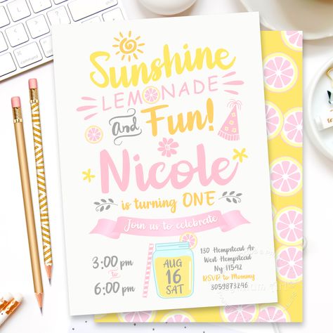 Lemonade Invitation, Lemonade Party Invitation, Lemon Invitations, Picture Invitations, Lemonade Birthday, Pink Lemonade Party, Sunshine Party, Summer Invitation, Chalkboard Invitation