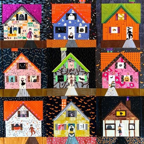 Kate Basti on Instagram: "September in the ‘burbs. 🖤 Spooky Village has grown quite a bit! Here are nine of the ten houses I have completed. Not sure how many I’ll make total, but they’re so fun to create, I’d be happy to never stop. ☺️ Have a fantastic weekend, friends! 🍂🍁 #kateshalloweenhousequilt #homefortheholidaysblock #quiltwithkate #fpp #foundationpaperpiecing #textileart #janomemakes #olisoconnects" Spooky Village, Fall Sewing Projects, Unique Cross Stitch, Halloween Quilt, Fall Sewing, Cute Quilts, House Quilts, Fall Quilts, Halloween Quilts