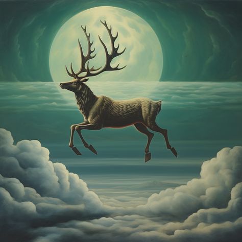 Dnd Mounts, Reindeer Illustration, Reindeer Flying, Flying Reindeer, Rene Magritte, Surrealism Painting, The North Pole, Generative Art, North Pole