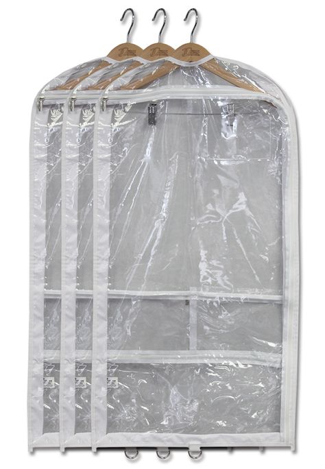 Gusseted Garment Bag | 37" x 18" x 3" | Single: $13.50 | 3-Pack: $36 | #DDAccessories #GarmentBags Dream Duffel, Entry Storage, Dance Competitions, Garment Cover, Pocket Storage, Family Women, Wooden Hangers, Storage Design, Garment Bag