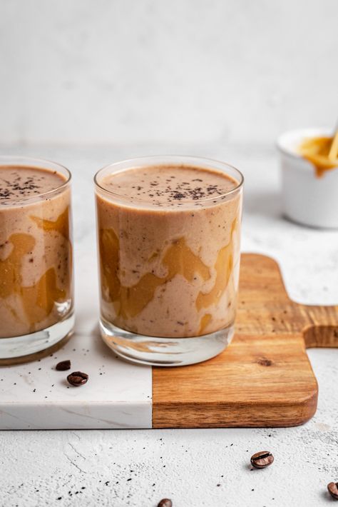 Salted Caramel Mocha Smoothie (with peanut butter) - Plantiful Bakery Smoothie With Peanut Butter, Salted Caramel Smoothie, Mocha Smoothie, Breakfast Drinks, Collagen Recipes, Salted Caramel Mocha, Caramel Mocha, Banana Drinks, Coffee Smoothie