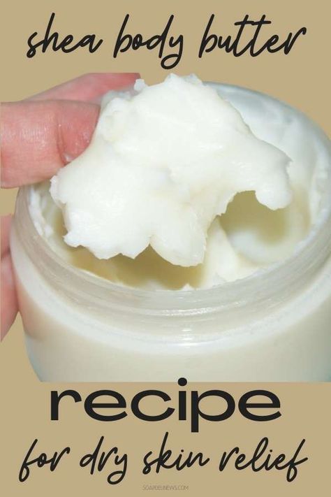 Shea body butter recipe for dry skin relief. This homemade body butter recipe without beeswax can be made with just 3-ingredients as a vegan friendly moisturizer for dry skin care. Add fragrance or essential oils to further customize this DIY body butter for your natural skin care routine or homemade gifts. This moisturizing body butter deeply nourishes and hydrates skin to help restore the appearance of skin health. All you need is shea butter, cocoa butter and an oil for dry skin relief. Diy Shea Body Butter, Body Moisturizer Dry Skin, Shea Body Butter Recipe, Homemade Creams, Body Butter Recipe Homemade, Food For Dry Skin, Helen Johnson, Homemade Lotion Recipe, Shae Butter